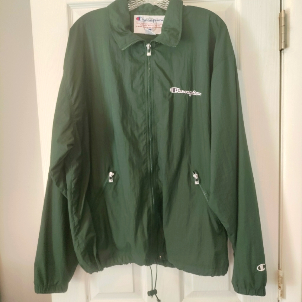 Vintage Dark Green Champion Windbreaker With Zip Closure, Size L